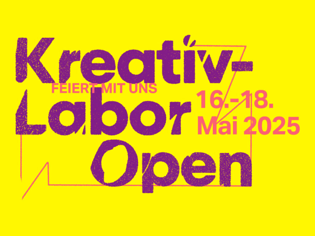 Schriftzug Kreativ Labor Open 2025 auf violett auf gelbem Grund