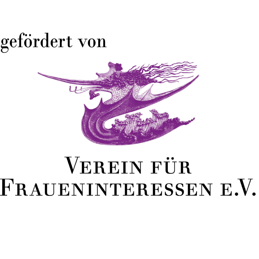 Schriftzug "gefördert von Verein für Fraueninteressen e.V." mit violettem Grafik des ehemaligen Fassadenschmucks des Studio Elvira, München